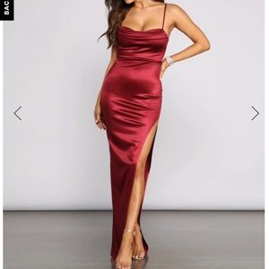 Windsor high slit satin dress burgundy